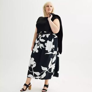 Nine West Womens Plus Size 3X Smocked Waist Midi Skirt Flowy Black Tropics NEW